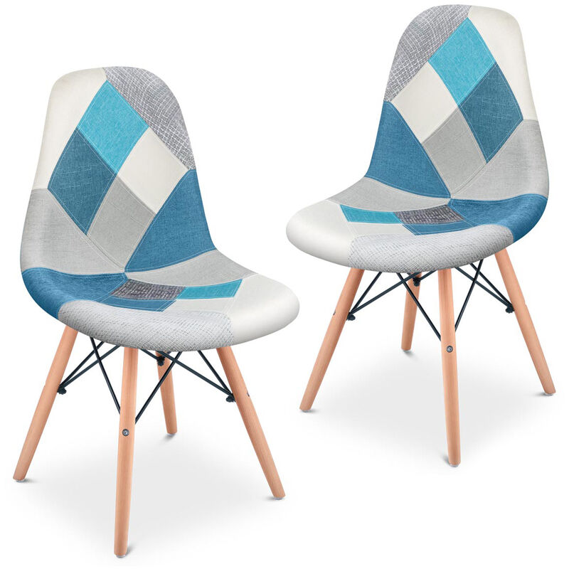

Pack 2 sillas de comedor, diseño patchwork tapizado, sillas tower para salon, cocina, oficina o terraza, patas madera de haya, estilo retro,