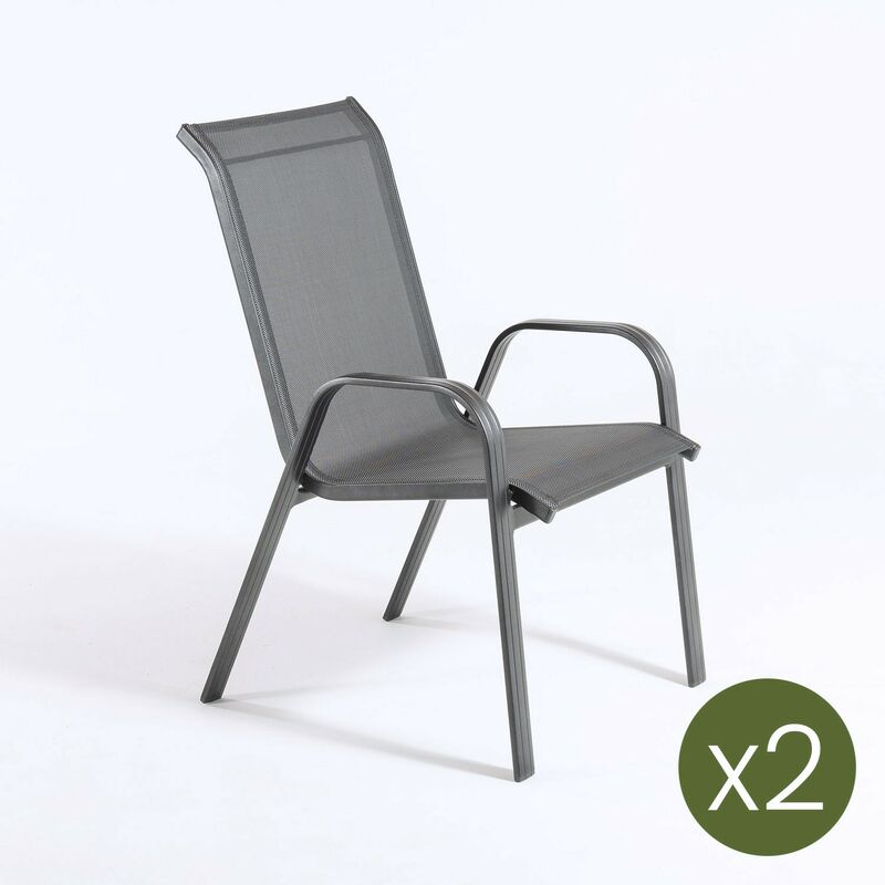 

Pack 2 sillones de exterior apilables | TamaÃƒÂ±o: 57x74x96,5 cm | Aluminio reforzado color antracita | Textilene color plata y