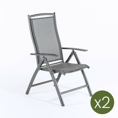 Pack 2 sillones de exterior de aluminio antracita y textilene, Reclinables, Medidas 60x76x110 cm