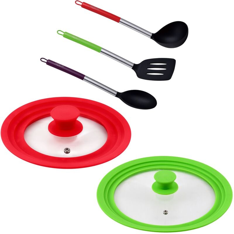 

Pack 2 tapas universales de cristal en color rojo y verde + 3 utensilios de cocina en nylon