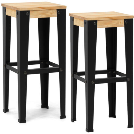 Pack 2 Unidades. Taburetes Lunds Alto negro, diseño industrial fabricado en madera de pino maciza acabado natural Box Furniture