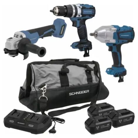 Pack 20V perceuse visseuse 65Nm-clé à chocs 1/2'' 1000/1500Nm-meuleuse d'angle 125mm-3 batteries Li-ion 5Ah