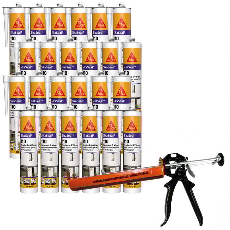 Pack 24 Mastics silicone Sika Seal 110 Menuiserie & Vitrage 300ml Sika Pistolet - Couleur: Gris