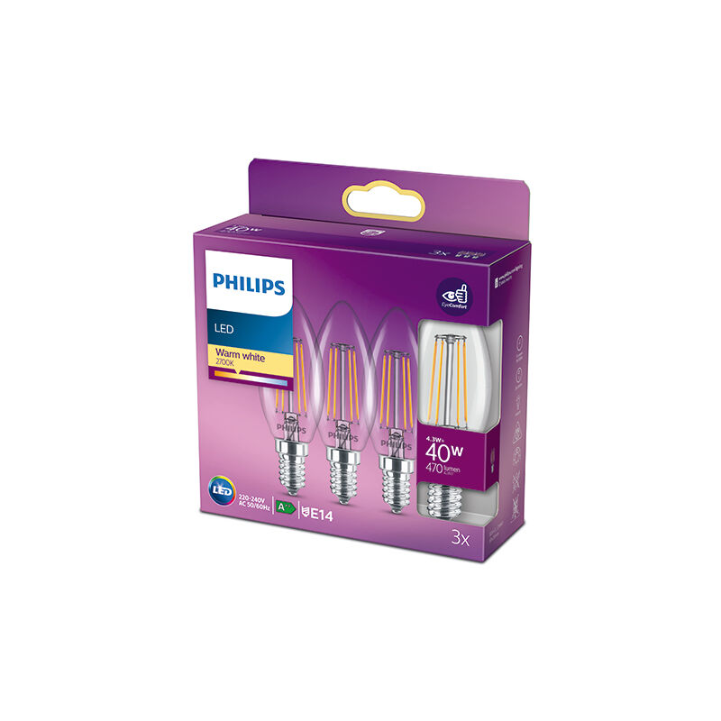 

Greenice - Pack 3 Bombilla LED Philips E14 B35 4.3W 470Lm 2700K [PH-929001889759] (PH-929001889759)