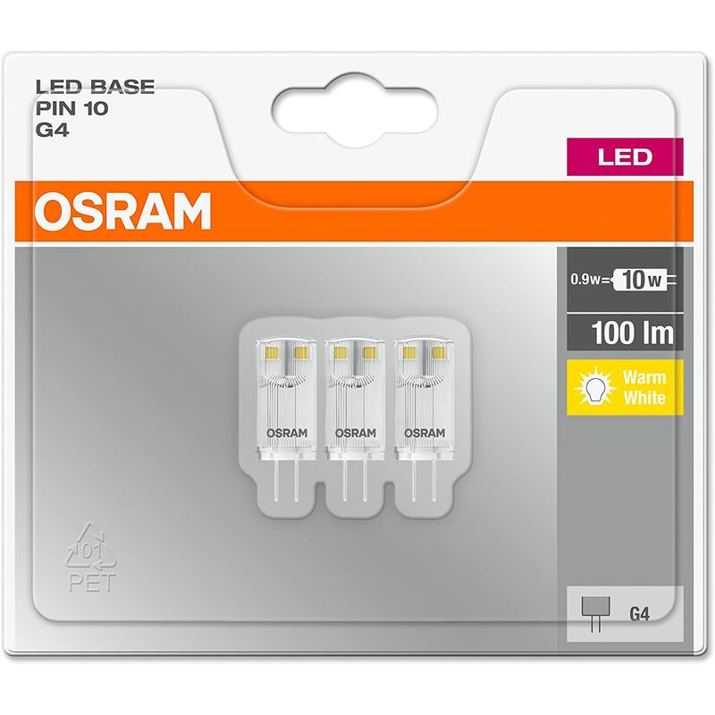 

Pack de 3 Bombillas LED G4 0.9W 2700K Luz Calida OSRAM