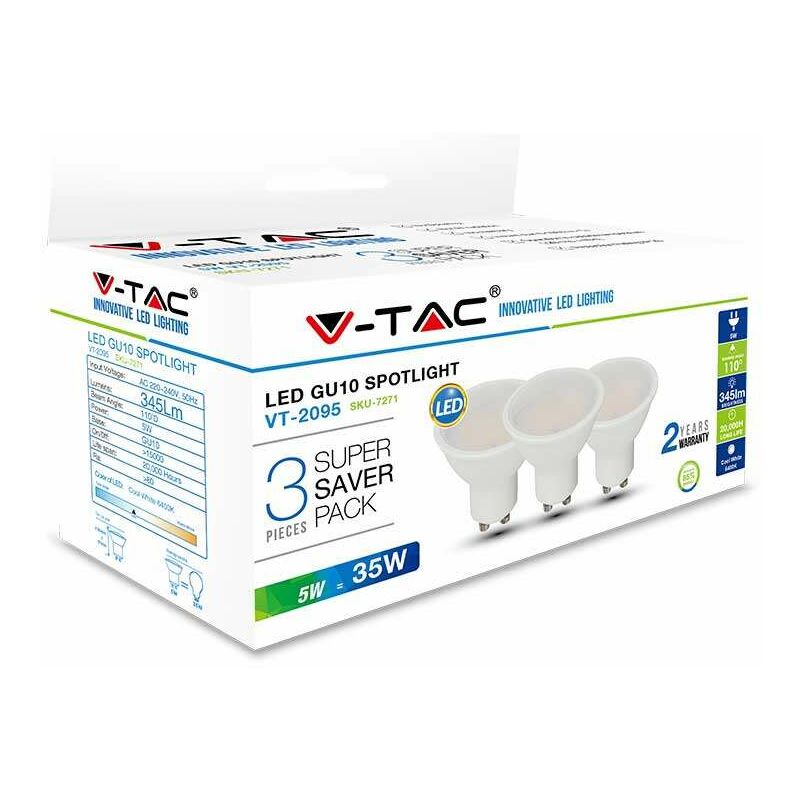 

Pack Ahorro 3 Ud - Lámpara LED GU10 5W 110° Temperatura de color - 3000K Blanco cálido