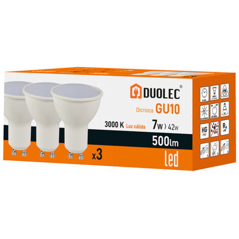 Pack 3 bombillas Led dicroica DUOLEC GU10 luz cálida 7W