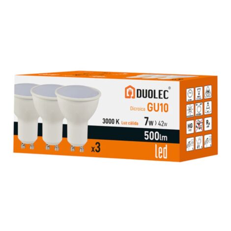 Pack 3 bombillas Led dicroica DUOLEC GU10 luz cálida 7W -