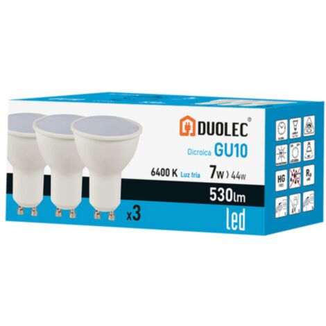 Pack 3 bombillas Led dicroica DUOLEC GU10 luz fría 7W -