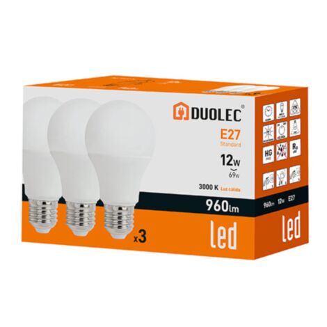 Pack 3 bombillas Led estándar DUOLEC E27 luz cálida 12W -