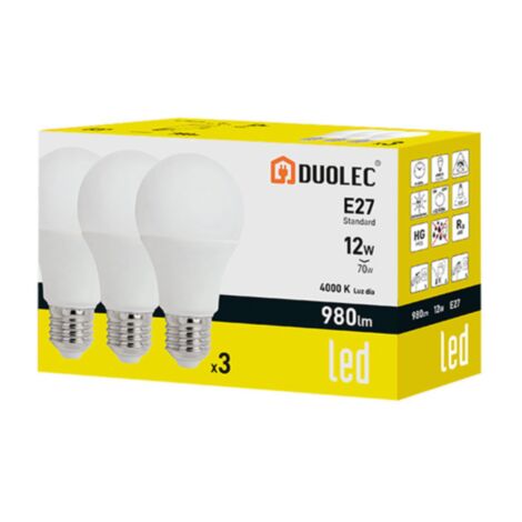 Pack 3 bombillas Led estándar DUOLEC E27 luz día 12W -