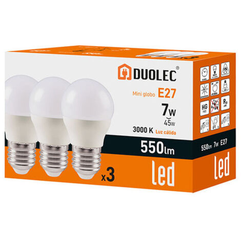 Pack 3 bombillas led Mini Globo DUOLEC E27 luz cálida 7W