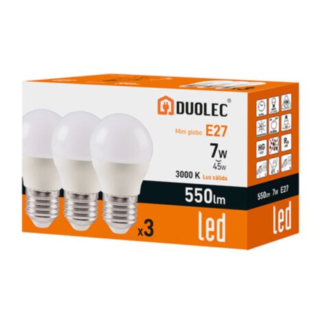 Pack 3 bombillas led Mini Globo DUOLEC E27 luz cálida 7W -