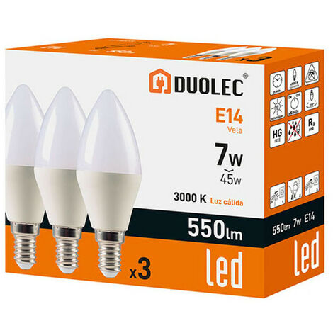 Pack 3 bombillas Led vela DUOLEC E14 luz cálida 7W