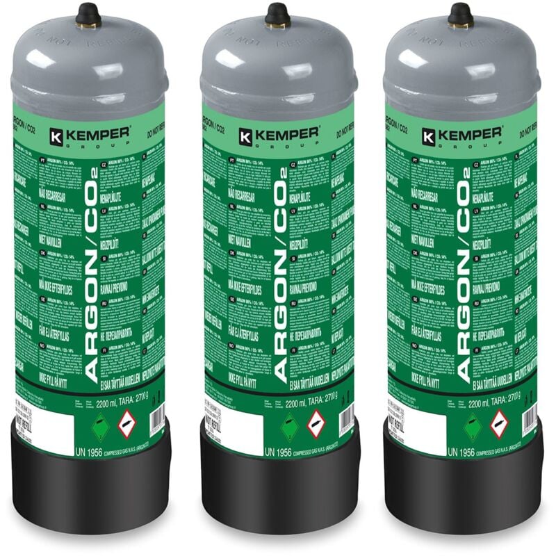 Kemper - Pack 3 Bouteilles de gaz Argon + CO2 110 Bar 2.2 Litres Jetable Soudage mig