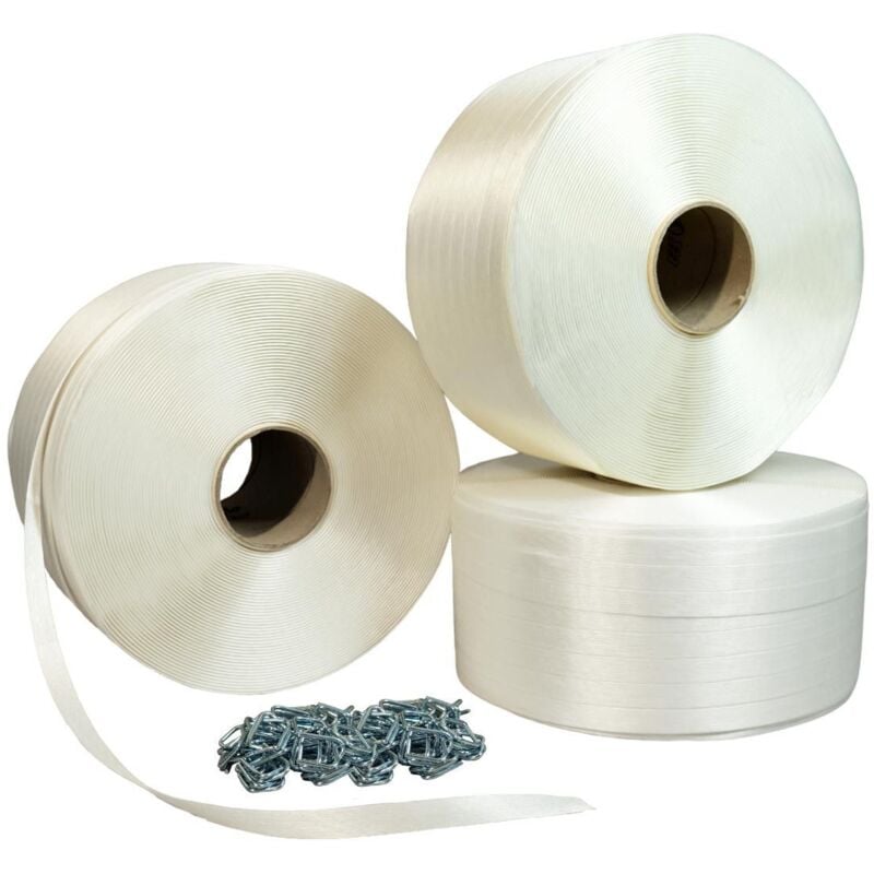 Pack 3 Feuillards de cerclage fil à fil PFF3 19 mm x 600 m + 500 Boucles offertes - Feuillard textile Résistance 550kg - Tecplast