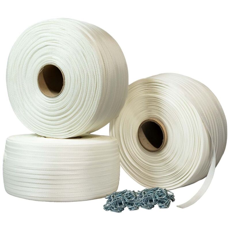 TECPLAST Pack 3 Feuillards de cerclage tressés PFT3 19 mm x 500 m + 500 Boucles OFFERTES - Feuillard textile Résistance 750kg