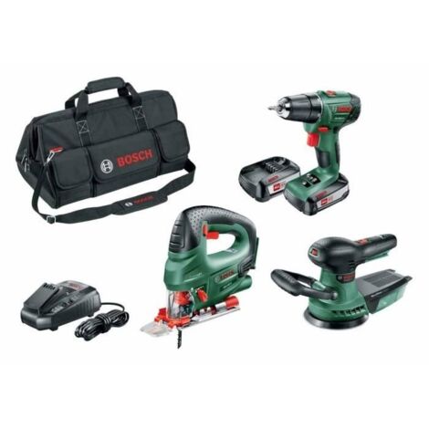 PACK 3 HERRAMIENTAS A BATERIA 18V BOSCH TALADRO ATORNILLADOR PSR 1800 LI-2 2 BATERIAS 2.5AH + SIERRA DE CALAR PST + LIJADORA EXC