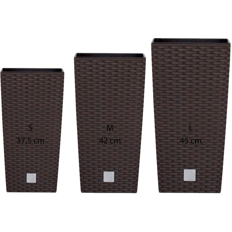 

Wellhome - Pack 3 macetas altas Prosperplast (11,4/16,3/19 litros) Rato Square de plastico en color ocre oscuro con deposito.
