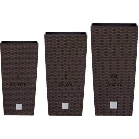 Pack 3 macetas altas Prosperplast (11,4/19/35 litros) Rato Square de plastico en color ocre oscuro con deposito.