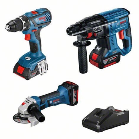 Pack 3 outils 18V - Perceuse GSR 18V-28 + Meuleuse GWS 18 125 V-LI + Perfo GBH 18V-20 - BOSCH - avec 2 batteries 4Ah, 1 batterie 3,0Ah - chargeur - 0615990M0S