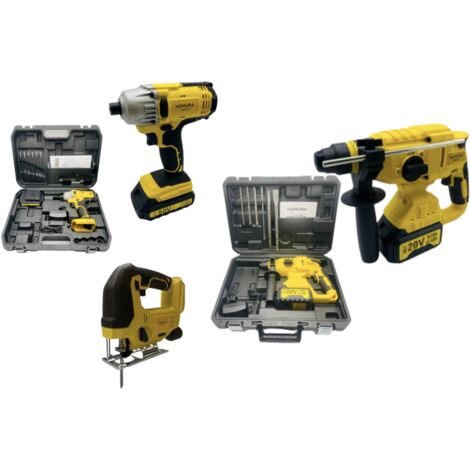 Pack 3 outils Perceuse Visseuse, Marteau Perforateur, Scie Sauteuse NEMURA 20V + 2 batteries + Chargeur