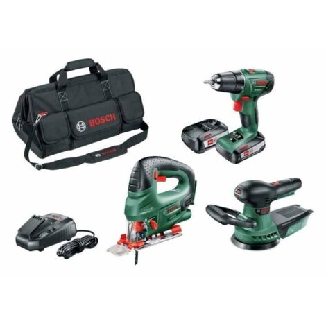 PACK 3 UTENSILI A BATTERIA 18V BOSCH PSR 1800 LI-2 2 BATTERIE 2.5AH + SEGHETTO PST + LEVIGATRICE ECCENTRICA