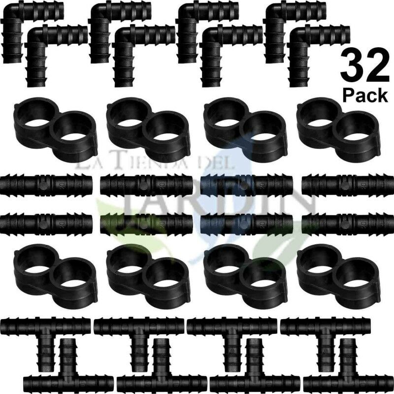 

Pack 32 piezas riego por goteo 16mm: 8 tes, 8 codos, 8 enlaces y 8 estranguladores