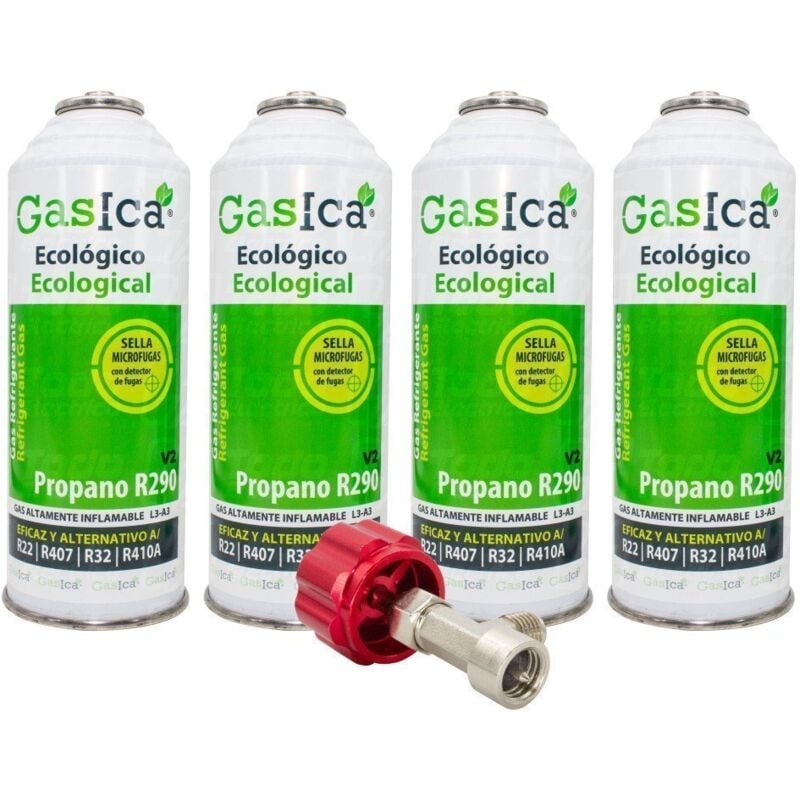 

Pack 4 Botellas Gas refrigerante orgánico V2 sustituto R22/R407/R290 y R410A 255gr + Lave de servicio - Gasica