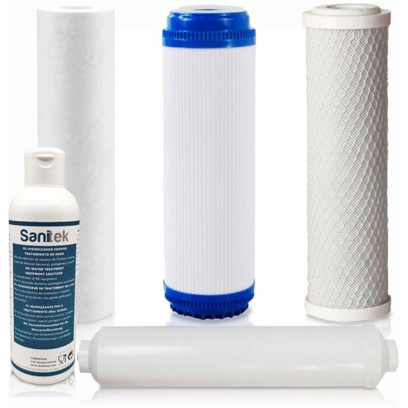 Rosmmel - Pack 4 Filtres à Eau pour Osmose Inverse Universelle 5 étages. Comprend un désinfectant sanitek