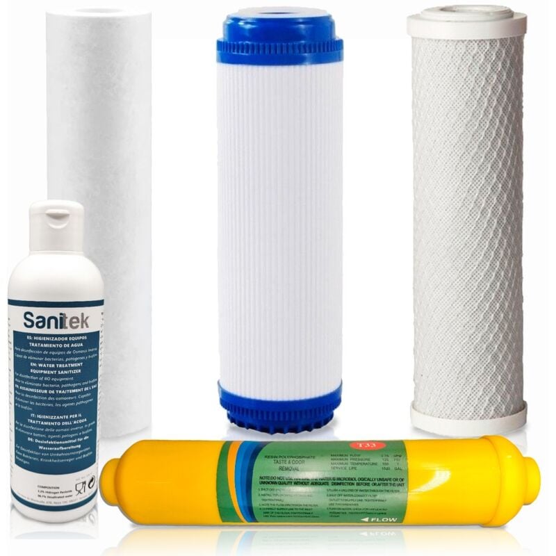 Pack 4 Filtres à Eau pour Osmose Inverse Universelle 5 étages Post-filtre reminéralisant. Comprend un désinfectant sanitek