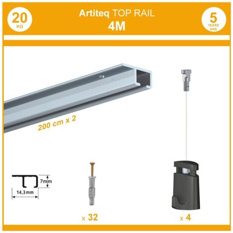 Pack 4 mètres cimaise Top Rail couleur Aluminium anodisé - Cimaise rail plafond pour suspension cadres et tableaux