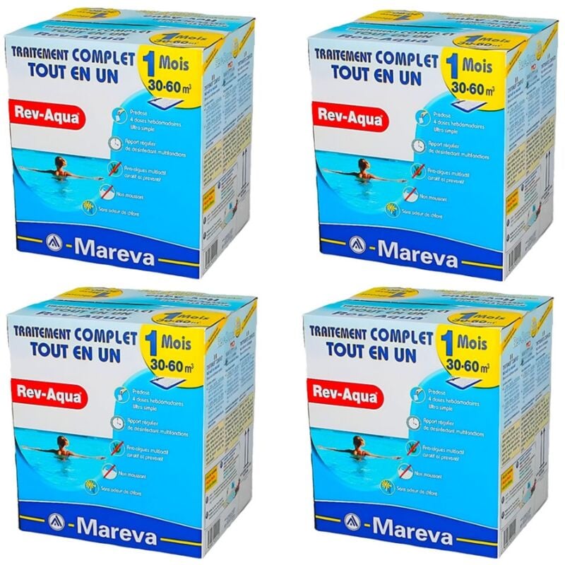 Pack 4 mois traitement sans chlore Mareva rev-aqua 4 en 1 piscine 30 à 60m³