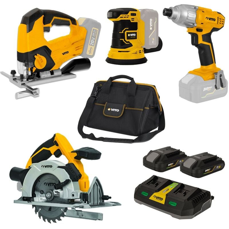 Vito - Pack 4 outils 20V + 2 Batteries lithium 2.0 Ah + Chargeur double + Sacoche