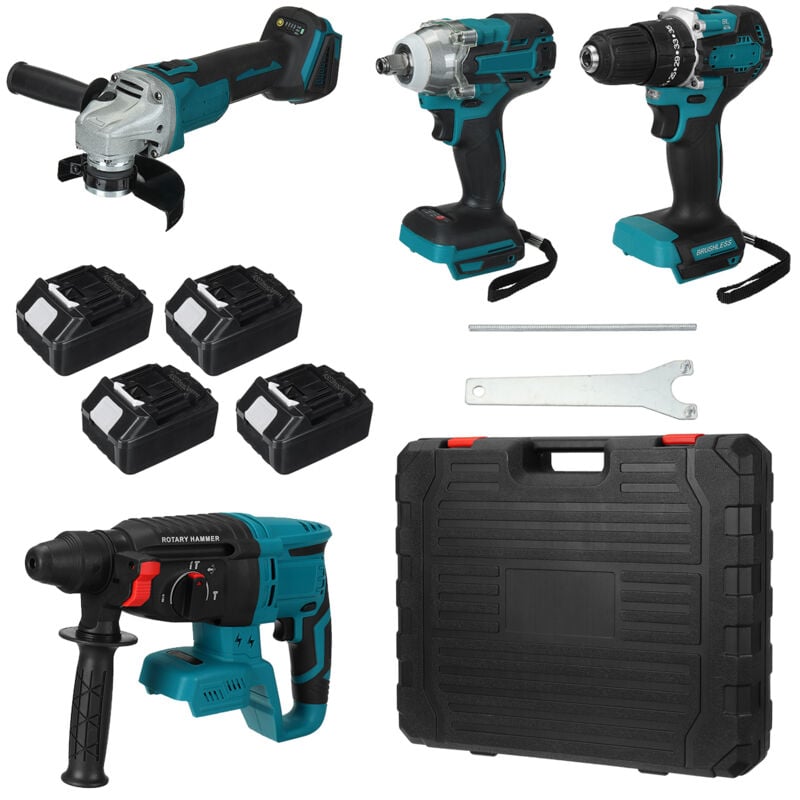 Maerex - Pack 4 outils sans fil - Meuleuse d'angle + marteau perforateur + perceuse à percussion + Clé à chocs - 4 batteries - 1 chargeur