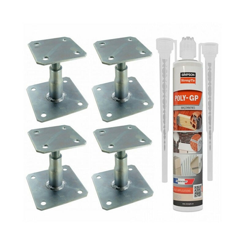Simpson Strong Tie - Pack 4 Pieds de poteau réglable APB100/150 + 1 Scellement chimique beige multi-matériaux poly-gp 300ml simpson
