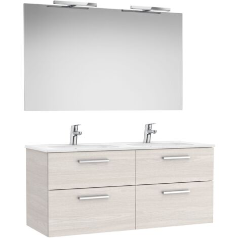 Pack 4 tiroirs + double lavabo + miroir + appliques LED VICTORIA - ROCA Couleur : Ash Nordic