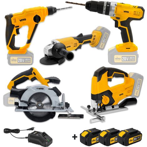 Pack 5 Outils 20V VITOPOWER + 3 batteries 4.0 Ah + Chargeur rapide