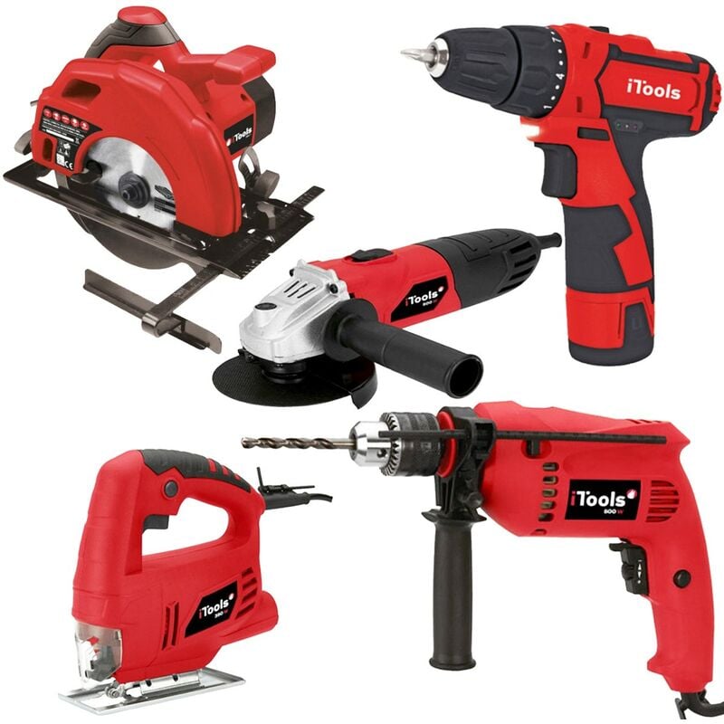 Itools - Pack 5 outils meuleuse + perceuse + visseuse + scie circulaire + scie sauteuse et Boite à outils 18'
