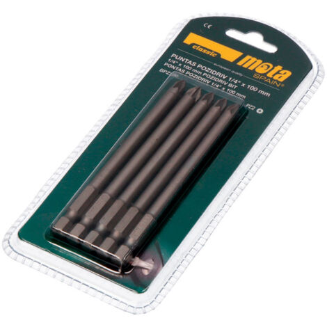 Pack 5 puntas bit pz2 x 90mm 1/4 acero bpz290 mota