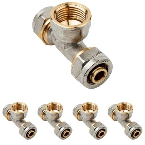 Pack 5 Te para Tubo hembra multicapa de compresion 25 mm, sin necesidad de maquina prensadora