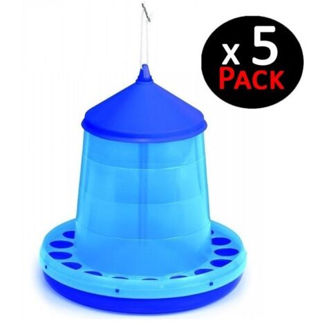 Pack 5 Tolvas Comederos para Aves y Gallinas  8 kg Capacidad  38x38x60 cm  Plástico Resistente  Color Azul