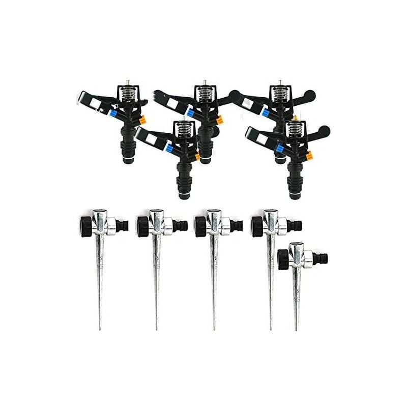 Lot de 5 Arroseur agricole d'arrosage circulaire 1/2'', portée 7-13m + Support d'arrosage en métal