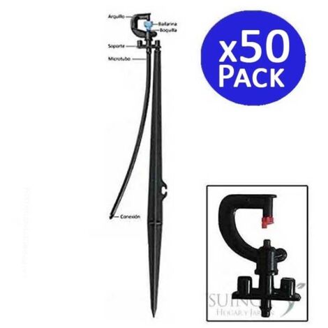 Pack 50 Microaspersor de Riego 180º, alcance de 2 a 2,5m con Estaca de 40 cm