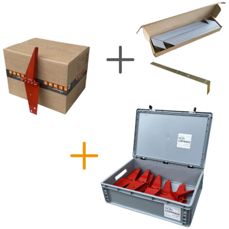 PACK 50 sabots de coffrage CROC + 100 Entretoises Alu coudées 15/20/25 + 1 caisse de rangement offerte