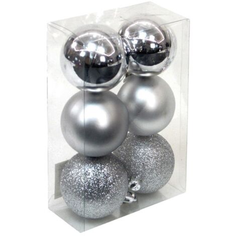 Pack 6 bolas Navidad Ø8cm (2 brillo, 2 mates y 2 purpurina) fabricadas en plástico color plata y dorado