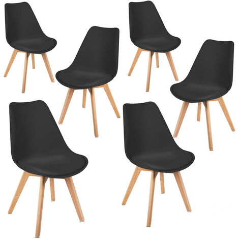 Pack 6 chaises de salle a manger noires, design moderne, chaises tulip pour salon, bureau, la salle de séjour ou terrasse, dossier ergonomique, siege rembourre et pieds en bois, style scandinave, noir