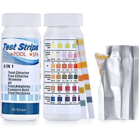 Pack 6 IN 1 Bandelettes de Test pour Piscine Spa, Bandes de Test d'eau sur Chlore/Chlore Libre/pH/Alcalinité/Acide Cyanurique/Dureté du Liquide, 100 Pcs