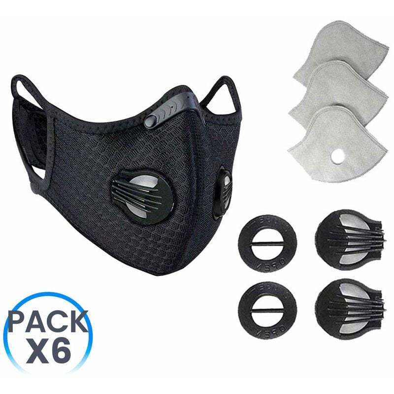 

Pack 6 Mascarillas Reutilizables con Doble Válvula Negro + Kit Recambios 36 Filtros y 24 Válvulas O91