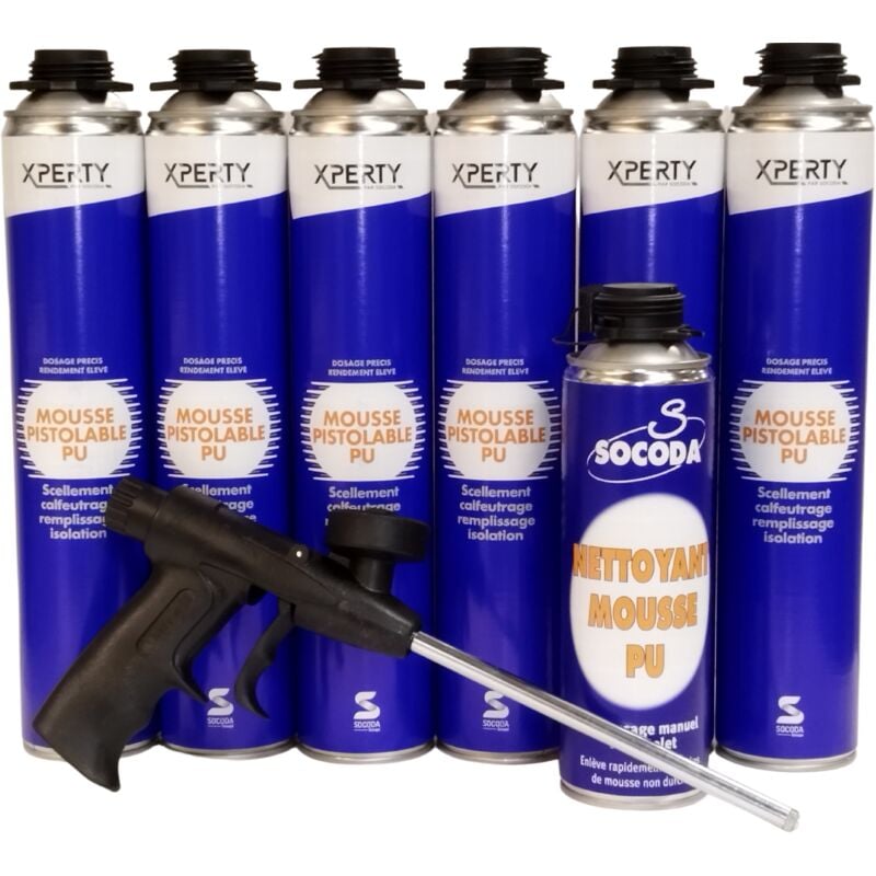 Pack 6 mousses polyuréthane pistolables avec pistolet + nettoyant